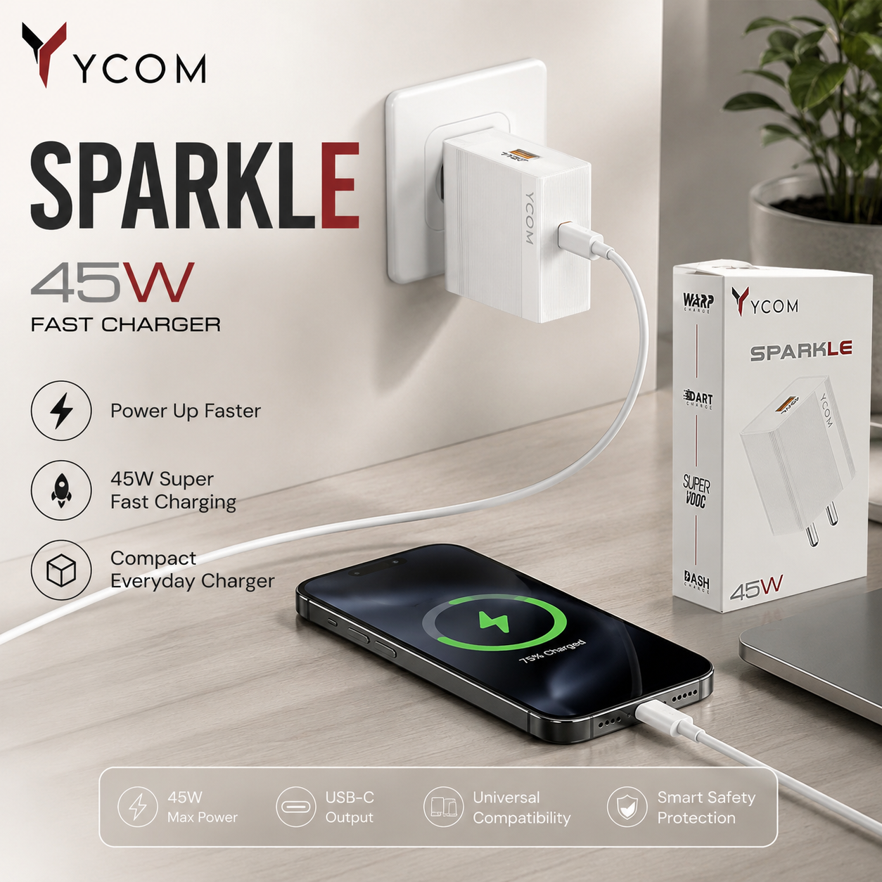 YCOM Sparkle 45W Fast Charger — Super Fast Charging Wall Adapter