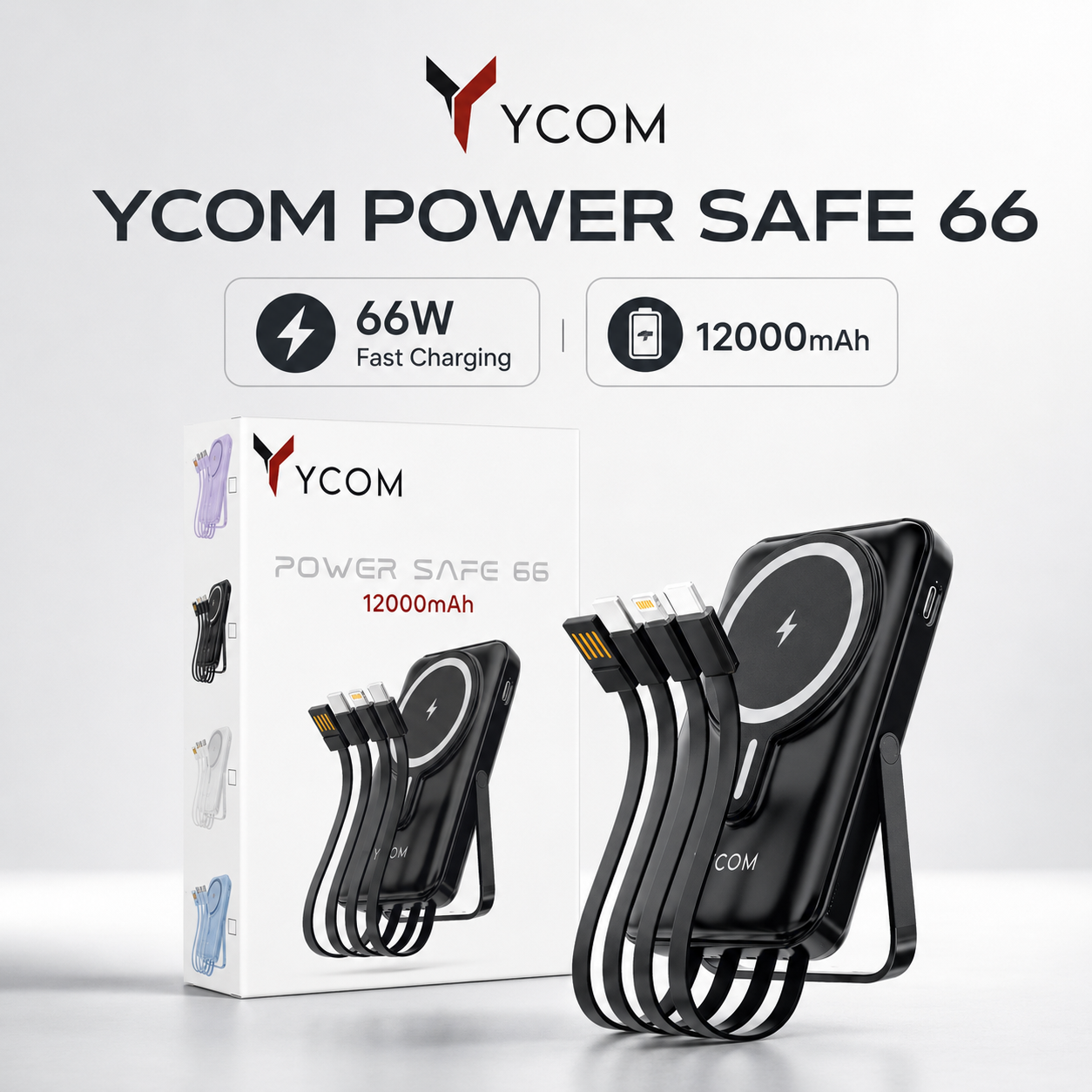 YCOM Power Safe 66 — 12000mAh Power Bank with 66W Fast Charging