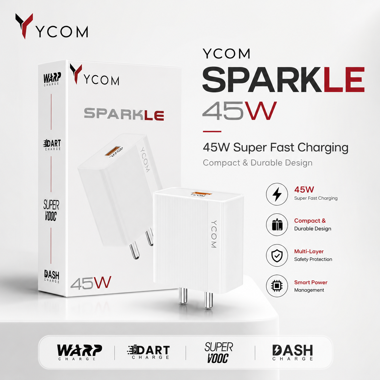 YCOM Sparkle 45W Fast Charger — Super Fast Charging Wall Adapter