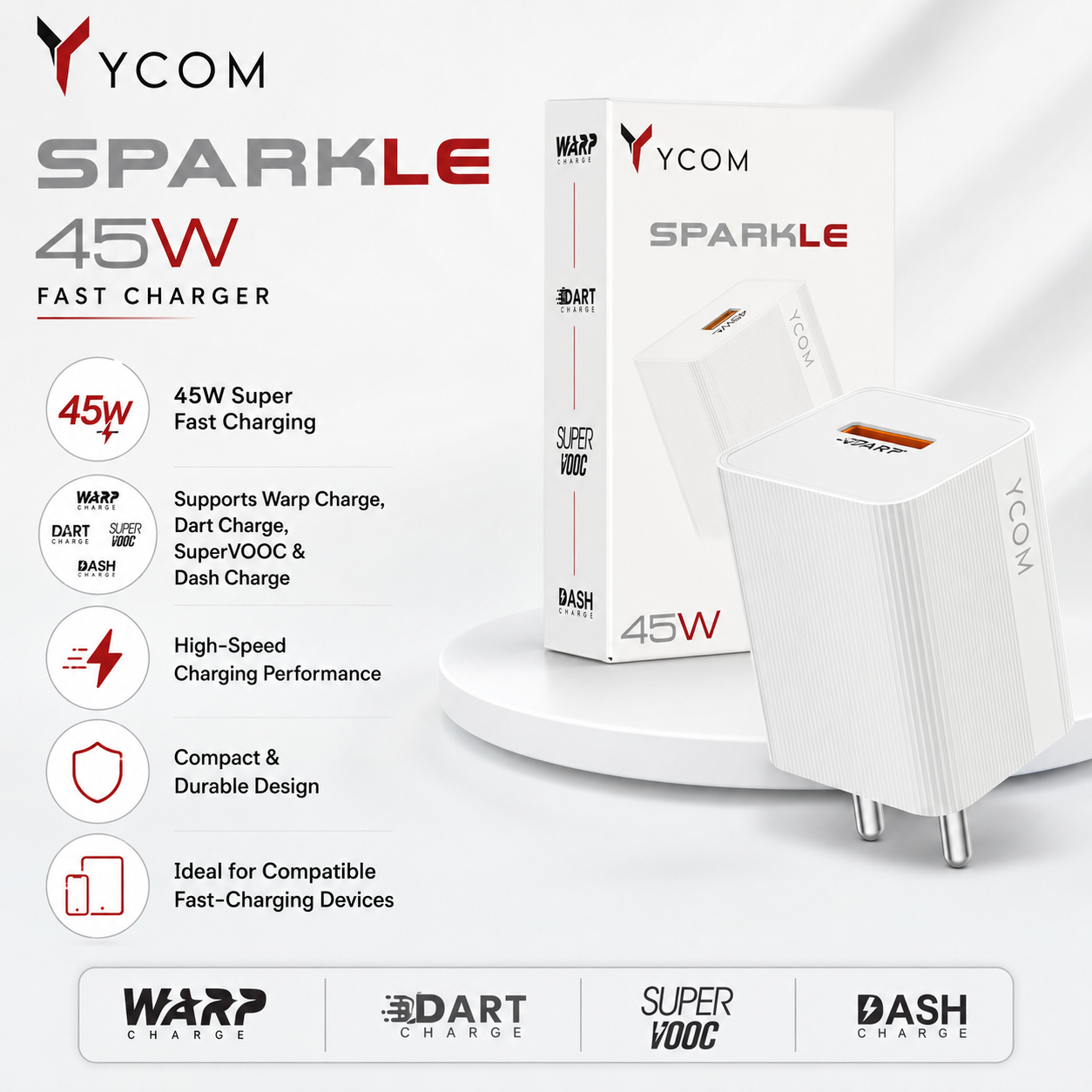 YCOM Sparkle 45W Fast Charger — Super Fast Charging Wall Adapter