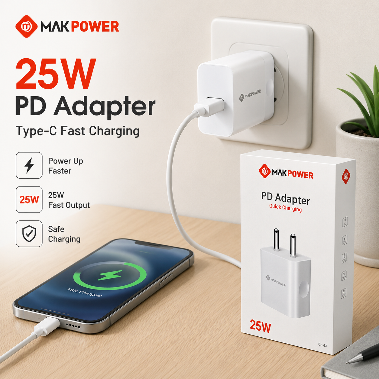 MAKPOWER 25W PD Adapter — Type-C Fast Charging Wall Charger (CH-51)