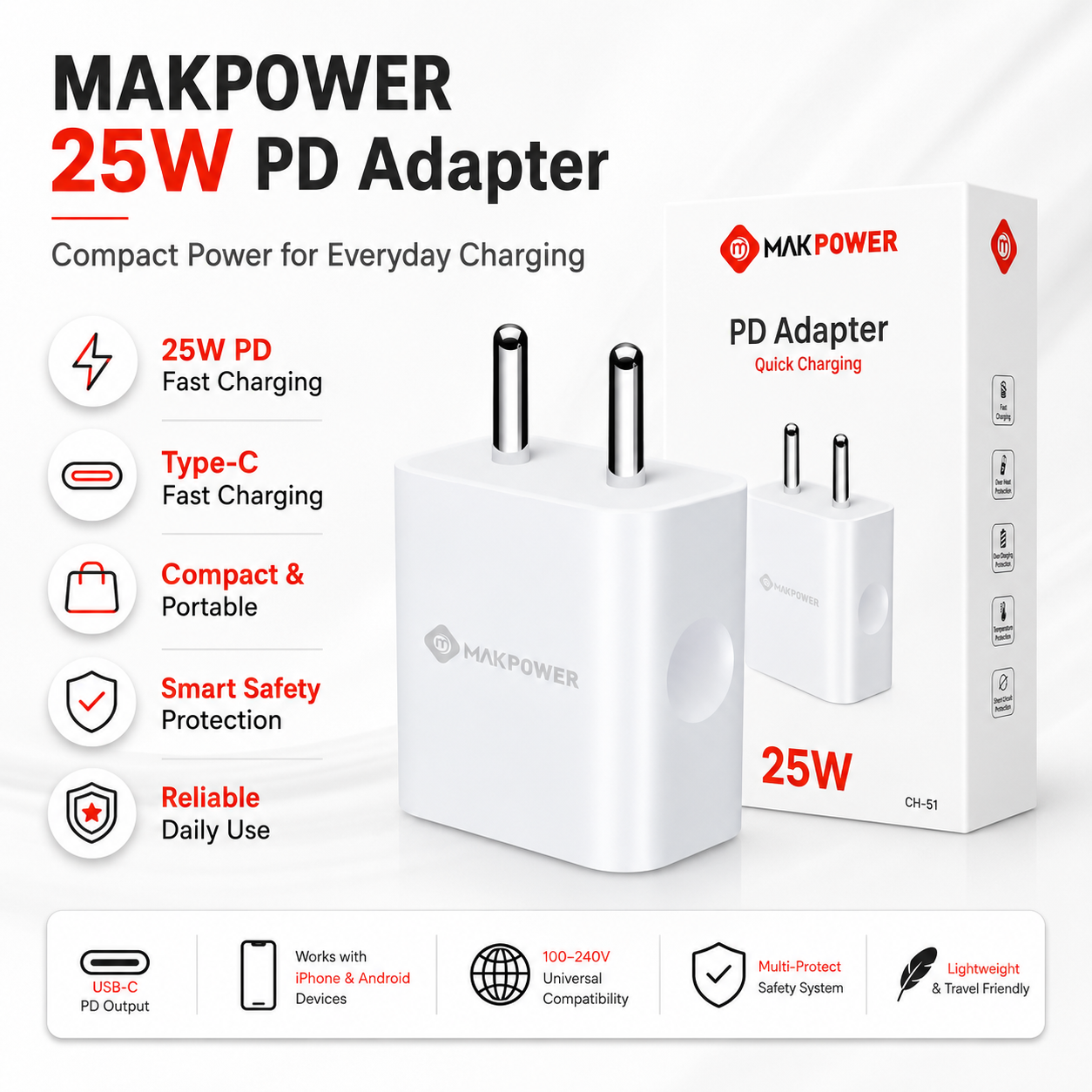 MAKPOWER 25W PD Adapter — Type-C Fast Charging Wall Charger (CH-51)