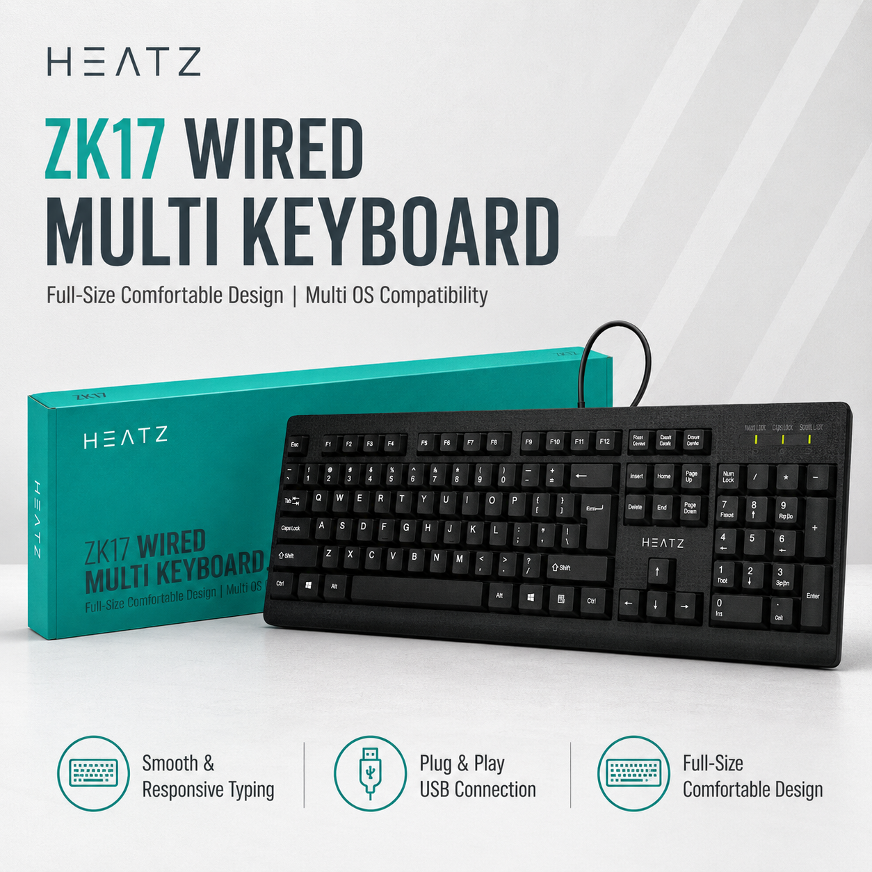 HEATZ ZK17 Wired Multi Keyboard — Full-Size Comfortable Design