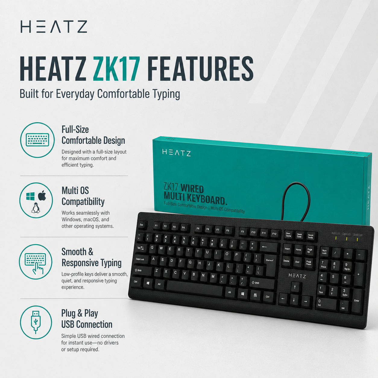 HEATZ ZK17 Wired Multi Keyboard — Full-Size Comfortable Design