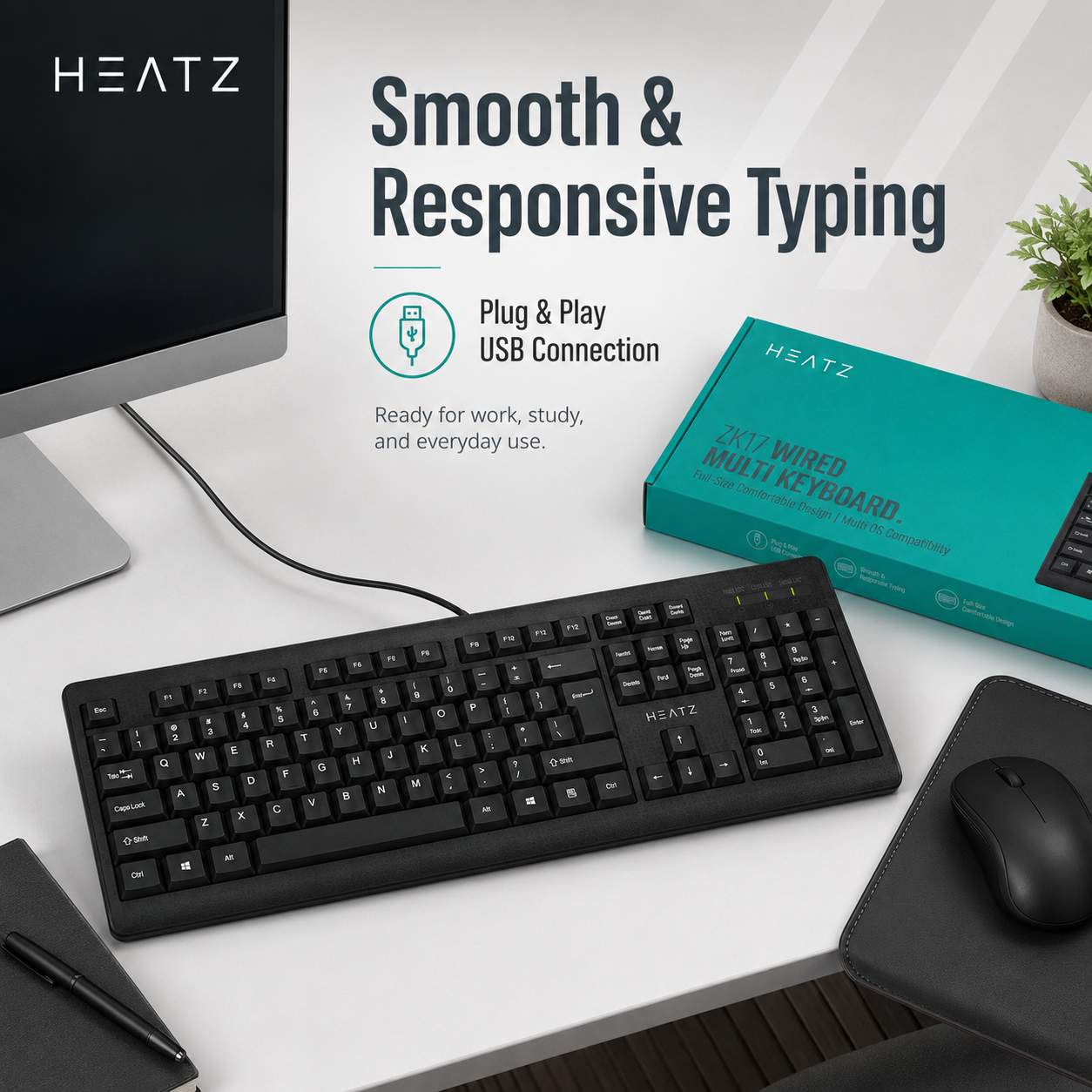 HEATZ ZK17 Wired Multi Keyboard — Full-Size Comfortable Design