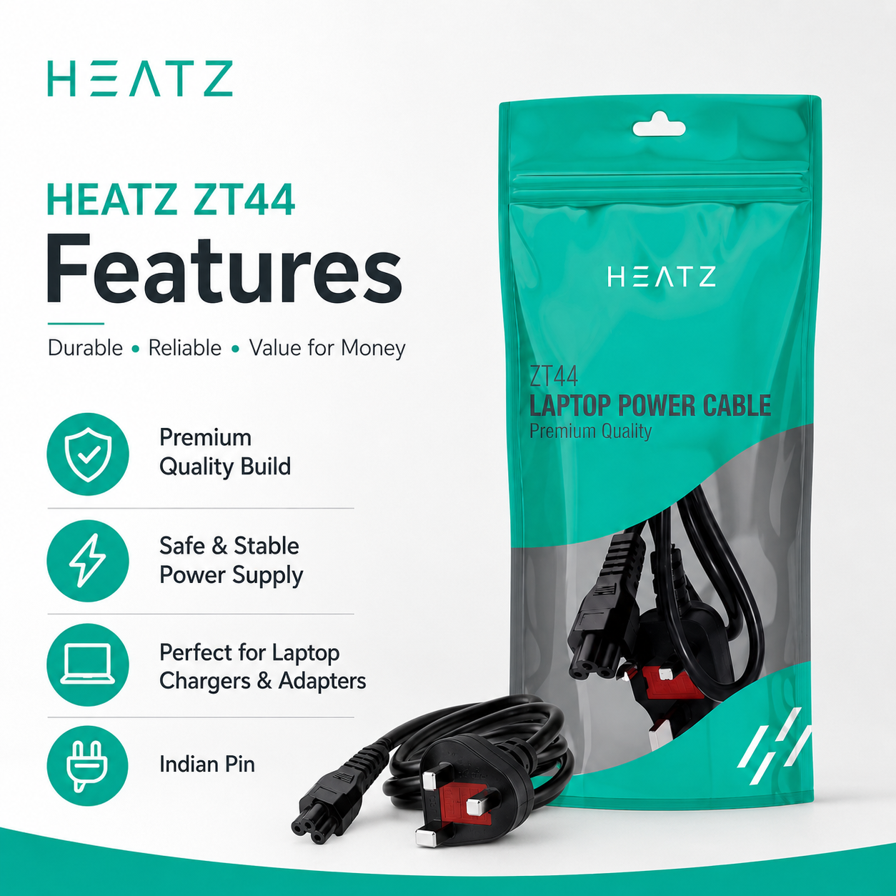 HEATZ ZT44 Laptop Power Cable — Premium Quality (Indian Pin)