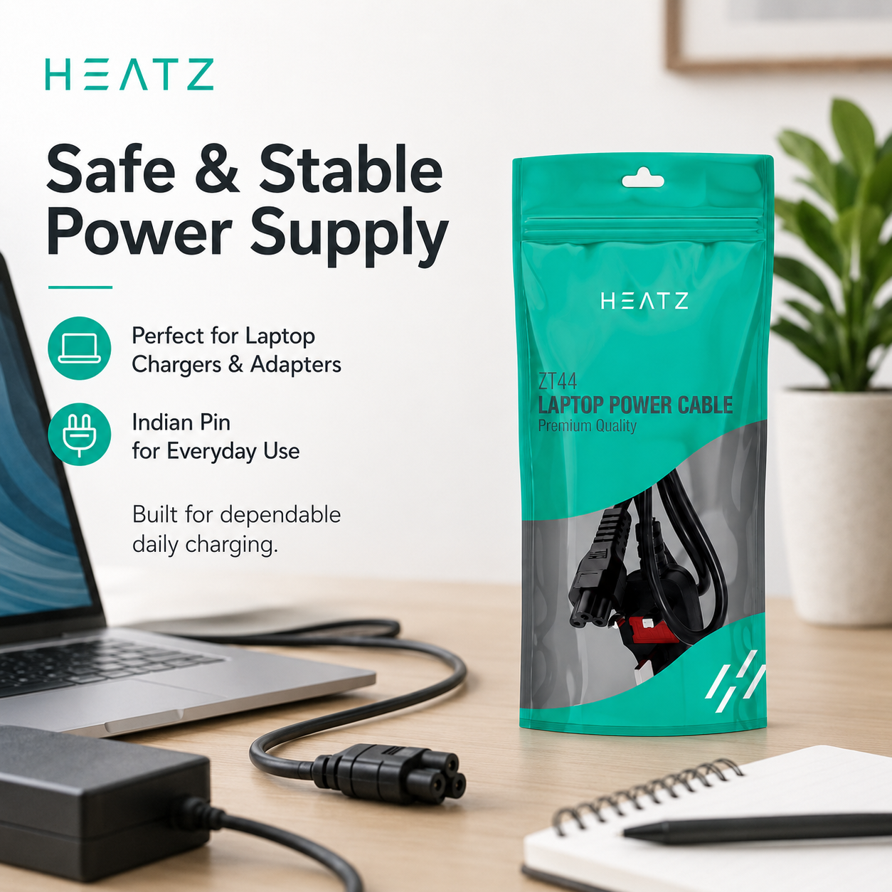 HEATZ ZT44 Laptop Power Cable — Premium Quality (Indian Pin)