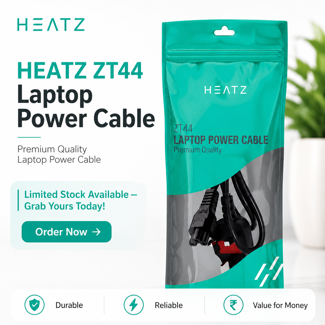 HEATZ ZT44 Laptop Power Cable — Premium Quality (Indian Pin)